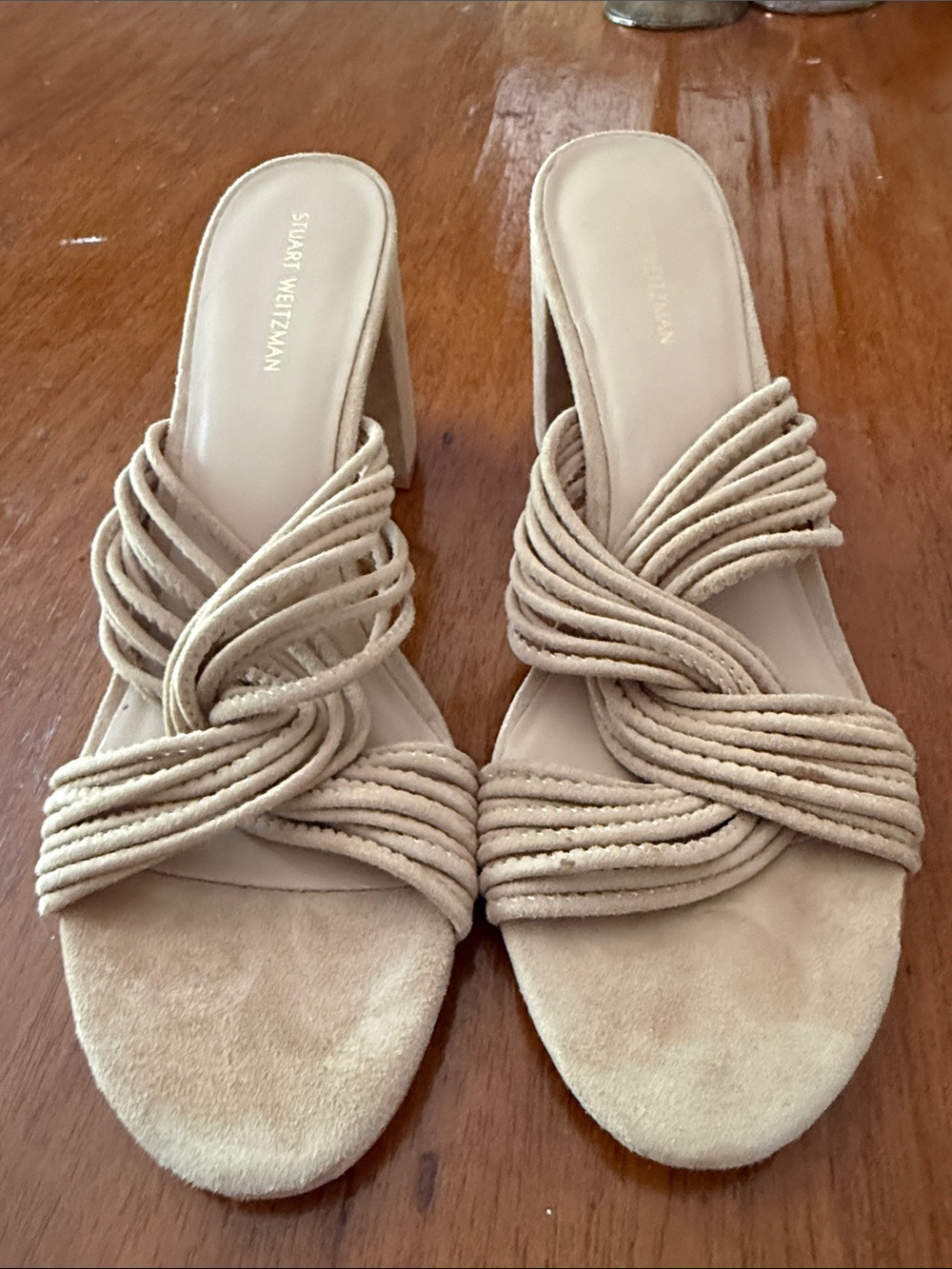 Stuart Weitzman Twisted Block Slide Sandal. Golden Beige or Tan Suede.